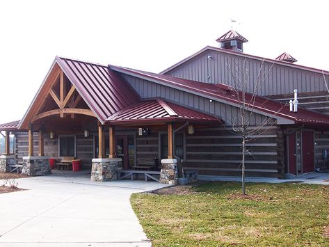 WNC Agricultural Center | Fletcher, NC | Color: Burgundy Red Metal Roof, Copper Metal Roof, Grey Exterior House Colors, Metal Roof Houses, Metal Roof Colors, Grey Siding, Types Of Roofing Materials, Steel Building Homes, Cabin Exterior