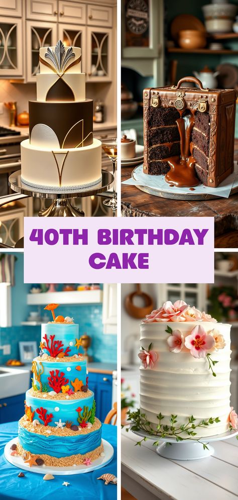 This Pinterest pin showcases various 40th birthday cake ideas. It features art deco, floral, under the sea and chocolate lava cake designs to inspire a special celebration. Explore these creative ideas for a milestone birthday cake. 40th Birthday Cake Ideas, 40th Birthday Cake, Chocolate Creations, 40th Birthday Cakes, Dream Cake, Milestone Birthday, Decadent Chocolate, Birthday Cake Ideas, Milestone Birthdays