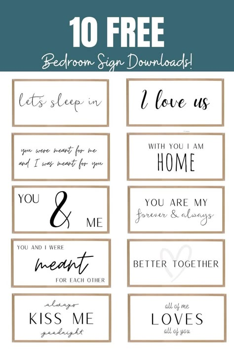 Get 10 FREE bedroom sign downloads for your 44x22 custom Smallwoods frame! Upload your favorite to their site and create a beautiful piece above your headboard! https://simplylovelyliving.com/free-bedroom-sign-downloads/ Printables | Words Signs | Wall Art | Poster | Canvas | Black | White | Budget | Couples | Master Bedroom | Modern Farmhouse | Ideas | Home | Quotes | Let’s Sleep In | I Love Us | Better Together | You | Me | Meant For Each Other | Forever | Always | Kiss Me Goodnight Quotes For The Bedroom Wall, Quotes For Bedroom Wall Decoration, Farmhouse Quotes Free Printable, Bedroom Quote Wall, Always Kiss Me Goodnight Svg Free, Beauty Signs Wall Art, Signs For Couples Bedroom, Diy Bedroom Signs For Couples, Wall Signs For Bedroom