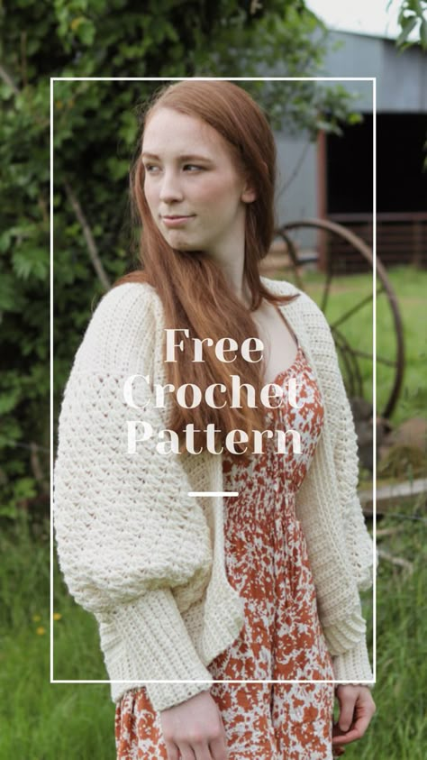 Free crochet cardigan pattern Puffy Sleeves Crochet Pattern, Crochet Bishop Sleeve, Chunky Crochet Sleeves, Balloon Sleeve Pattern Sewing, Crochet Balloon Sleeve Cardigan Free Pattern, Crochet Puffy Sleeves Cardigan, Crochet Bishop Sleeve Pattern, Crochet Cardigan With Puffy Sleeves, Crochet Lantern Sleeve Sweater Pattern