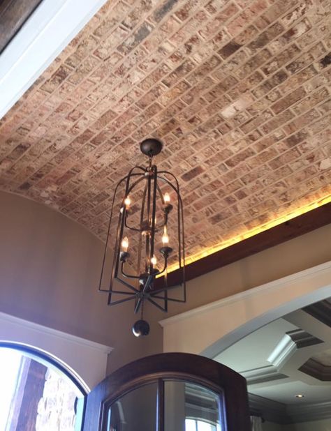 Brick barrel ceiling in foyer Arched Brick Ceiling, Brick Barrel Ceiling, Barrel Ceiling Foyer, Brick Ceiling Ideas, Barrel Ceiling Ideas, Brick Ceiling, Hacienda Style Kitchen, Arched Ceiling, Bunker Home