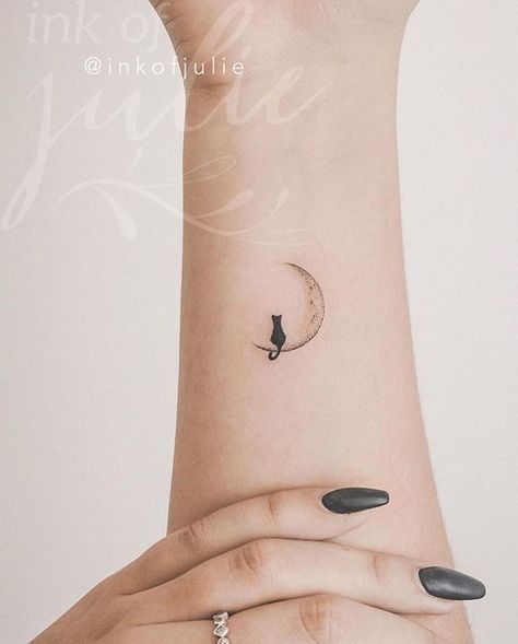 Sitting On The Moon Tattoo, Small Aesthetic Tattoos, Small Cat Tattoo, Unique Animal Tattoos, The Moon Tattoo, Animal Tattoos For Women, Cat Tattoo Design, Sitting On The Moon, Black Cat Tattoos