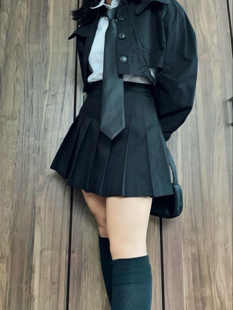 fall aesthetic outfit black tennis skirt black neck tie school uniform Aesthetic Outfits Skirt Black, Skirt And Tie Outfits Aesthetic, Acubi Fashion Black Skirt, Neck Tie Outfit Aesthetic, School Skirt Black, Black Skirt Uniform Outfit, Black Uniform Outfits School, Black Dress Outfit School, Skirt Tie Outfit