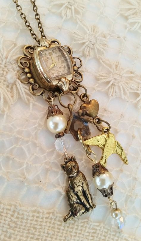 Antique Watch Necklace, Cat and Bird, Upcycled Vintage Watch Face, Gold Watch Pendant, Bird Watching Necklace, Filigree Setting, Brass Charm by FunkyTypes on Etsy Old Jewelry Crafts, Vintage Assemblage Jewelry, Jewelry Repurposed, Found Object Jewelry, Watch Pendant, Vintage Jewelry Ideas, Vintage Jewelry Repurposed, Necklace Cat, Antique Watch