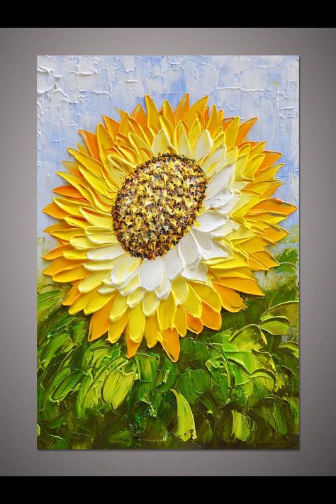 Hand-painted home decor blooming sunflower wall art picture | Etsy Acrylic Palette, Blooming Sunflower, Sunflower Wall Art, Texture Painting On Canvas, Flower Painting Canvas, Painting Subjects, Wall Art Picture, Palette Knife Painting, Impasto Painting