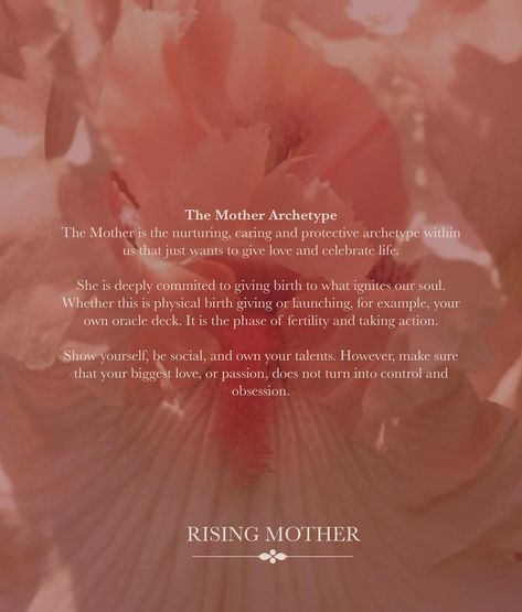 Meet the Rising Mother 🌺 Introducing the second archetype and wisdom keeper of The Rising Feminine Oracle: The Mother. The Mother embodies the nurturing, caring, and protective energy within us—a spirit that desires to give love and celebrate life. She is dedicated to bringing forth what ignites our soul, whether that means physical birth or launching a new passion, like your very own oracle deck. This is a time of fertility and action. It’s an invitation to shine, be social, and embrace yo... The Mother Archetype, Mother Archetype, Protective Energy, Yas Queen, Give Love, Oracle Deck, Witch Stuff, Celebrate Life, Oracle Decks