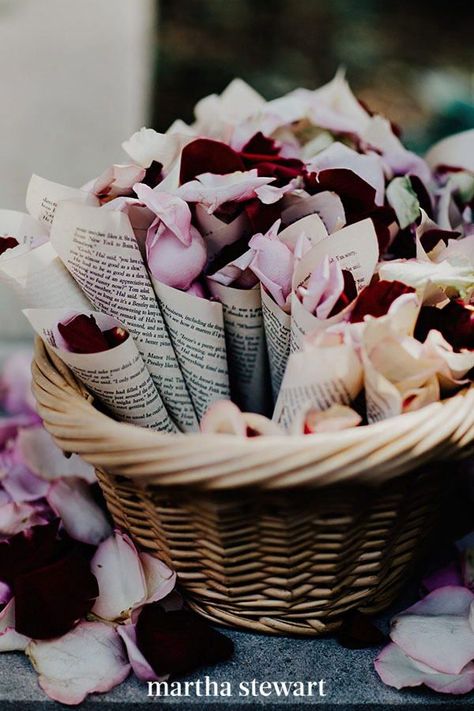 This creative toss idea doubles up on romance. First, get petals in Valentine's Day shades. Then, distribute them to guests in cones made from pages of your favorite love-themed novel. #weddingideas #wedding #marthstewartwedding #weddingplanning #weddingchecklist Valentines Theme Wedding, Romantic Theme Wedding, February Wedding, Chic Vintage Brides, Theme Harry Potter, Romantic Themes, Malibu Wedding, Valentine Theme, Weddings By Color