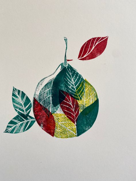 Original 'Pear' linocut print.  Handprinted on A4 Winsor and Newton 220gsm cream paper. This piece plays with patterned leaves forming the shape of the pear. Each print is made to order and will be slightly different, but with the same colour palette of forest green, black cherry and sunflower yellow. I've always thought of the kitchen as the heart of the home and this print will be an ideal addition to your kitchen decor. Prints are titled and signed. A period of 5 - 7 days from the date of you Pear Linocut, Lino Print Ideas, Illustration Fruit, Pear Art, Sunflower Yellow, Winsor & Newton, Printing Ink, Decor Prints, Sgraffito