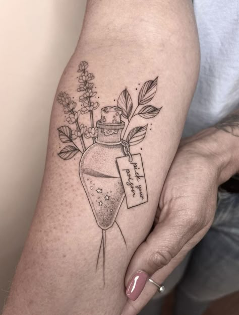 Witchy Feminine Tattoos, Apothecary Jar Tattoo, Apothecary Tattoo Sleeve, Immunity Tattoo, Plant Medicine Tattoo, Flower In A Jar Tattoo, Health Potion Tattoo, Poison Tattoo Ideas, Poison Flowers Tattoo