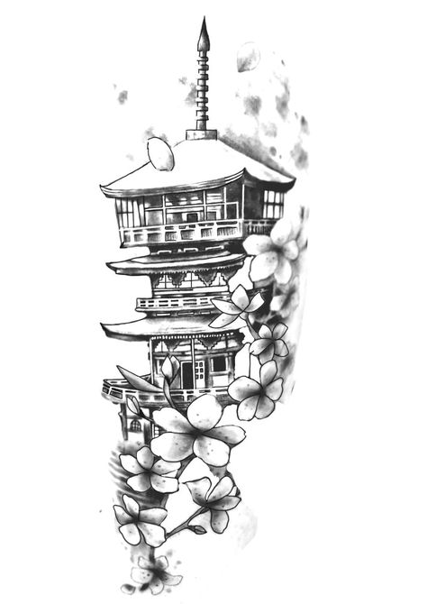 Chinese Inspired Sleeve Tattoo, Chinese Building Tattoo, Chinese House Tattoo, Japanese Style Back Tattoo, Japanese House Tattoo, Pagoda Tattoo, Japanese Temple Tattoo, Egyptian Cat Tattoos, Tato Maori