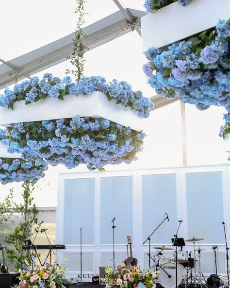 Dior Theme Wedding Decor, Blue Themed Aesthetic, Ceiling Installation Wedding, Hanging Floral Wedding, Dior Theme, Hanging Floral Installation, Floral Chandeliers, Hanging Floral Decor, Hot Air Balloon Wedding