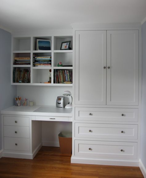 dresser and desk built in | Bedroom closet was replaced with built in desk, shelving, and dresser. Desk Shelving, Bedroom Desk Decor, Dresser Dresser, Built In Bookshelves, Ikea Tarva, Closet Desk, Closet Dresser, Closet Ikea, Dresser Diy