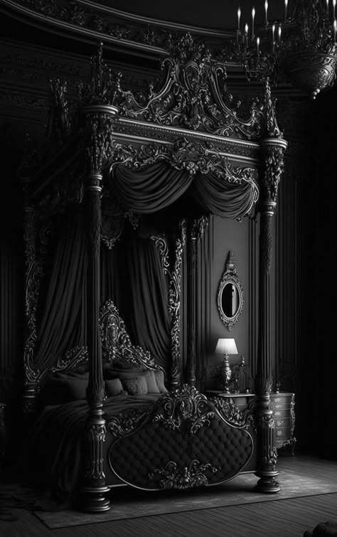 dark house Romantic Goth Room, Haunted House Inspiration, Dramatic Accessories, Hogwarts Bedroom, Gothic Bedroom Decor, Gothic Bedroom Ideas, Witch Castle, Bedroom Black And White, Gothic Chandelier