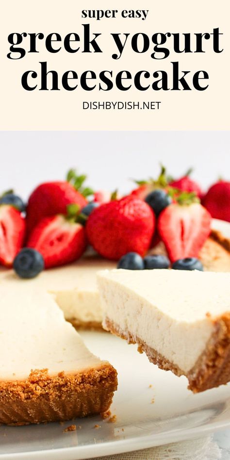 This easy Greek yogurt cheesecake makes a delicious dessert - with a crunchy gluten-free graham cracker crust and a lighter but still creamy filling. Go bake this cheesecake today! Totally gluten-free too! Yogurt Cheesecake Recipe, Easy Gluten Free Cheesecake, Gluten Free Graham Cracker Crust, Greek Yogurt Cheesecake, Yogurt Cheesecake, Low Cal Dessert, Gluten Free Graham Crackers, Gluten Free Cheesecake, Cracker Crust