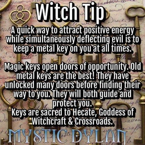 Witch Tip - quick way to attract positive energy while deflecting evil is to carry a metal key - Keys, Part 1 #reiki #reikihealing #narcissistichealing #personaldevelopment Zener Cards, Witch Board, Witchy Tips, Broom Closet, Wiccan Witch, Eclectic Witch, Magick Spells, Wiccan Spell Book, Witchcraft Spell Books