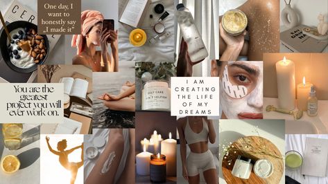 Self Care Aesthetic Wallpaper Desktop, Motivational Wallpaper Macbook Desktop Wallpapers, Mood Board Skincare, Selfcare Wallpaper Laptop, Self Care Desktop Wallpaper, Skincare Wallpaper Aesthetic, Moodboard Aesthetic Wallpaper Laptop, Positive Desktop Wallpaper, Moodboard Wallpaper Laptop