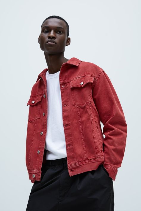 SOLID COLOR BASIC DENIM JACKET Red Denim Jacket Outfit, Sewing Styles, Coloured Denim Jacket, Coloured Denim, Red Denim Jacket, Outfit Zara, Denim Jacket Outfit, Painted Denim Jacket, Red Denim