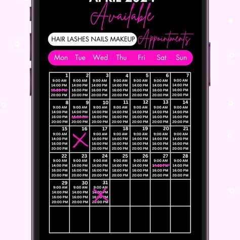 Acuity Scheduling April Availability Monthly Calendar for your Instagram Story or post. 💙 Saves Time 🌼 Boosts Sales 🌈 Looks Cute! Available April Booking Time Slots very easy to edit in Cavna. Social Media Post Template for hair stylists, lash tech, nails tech, and anyone else in the beauty industry who needs a cute calendar for their IG story! Comment with “APRIL” to receive this calendar FOR FREE!🩷 https://7cf5d5-65.myshopify.com/products/acuity-scheduling-design-availability-calendar-... Tech Nails, Nails Tech, Scheduling Template, Cute Calendar, Wellness Industry, Social Media Post Template, Lash Tech, Hair Stylists, Instagram Story Template