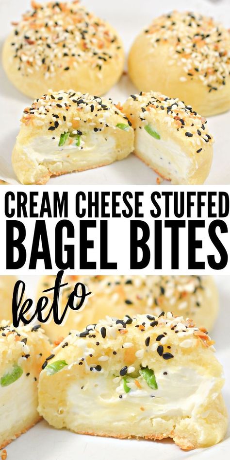 Keto Cream Cheese Stuffed Bagel Bites - These savory keto bagel bites are coated in Everything Bagel seasoning and are the perfect side or low-carb snack. You are going to love how they taste – and how easy they are to make! #keto #ketorecipes #ketodiet #ketobagelbites #creamcheesestuffedbagelbites #bagelbites #everythingbagel #healthysnacks #bagels #food #recipes Home Made Bagel Bites, Bagelful Recipe, Keto Homemade Snacks, Low Carb Munchies, Everything Bagel Seasoning Snacks, Keto Everything Bagel Recipe, Two Ingredient Bagel Bites, Low Carb Bagel Bites, Keto Balls Low Carb