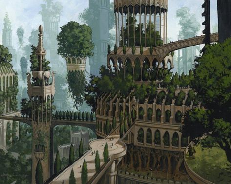 Forest. MtG Ravnica Art by Christopher Moeller. Fantasy Architecture, Heroic Fantasy, Location Inspiration, Fantasy City, Fantasy Castle, Fantasy Setting, Fantasy Places, Art Et Illustration, Fantasy Art Landscapes