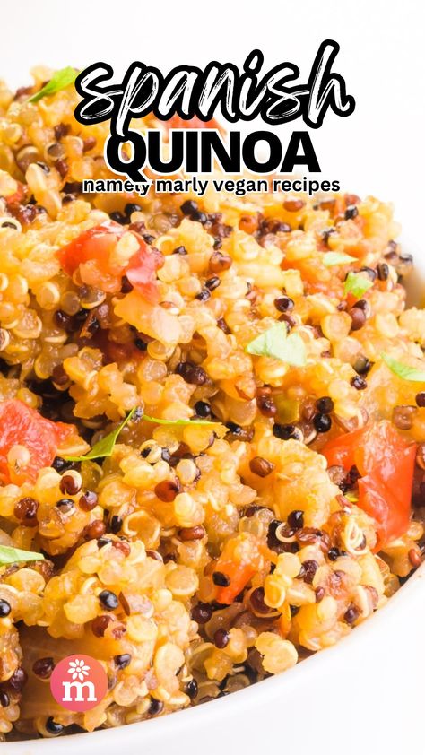 This healthy Spanish Quinoa Recipe makes a perfect side dish for your favorite plant-based Mexican dinners! Spanish-style quinoa is EASY to make and it's also gluten-free and very nutritious! Serve this in stuffed peppers — topped with vegan cheese of course! It's also a great side dish for vegan tacos, burritos, and more!rnrn#vegan #namelymarly #quinoa #spanishrice #spanishquinoa #healthyquinoa Mexican Style Quinoa, Mexican Quinoa Salad Recipes, Spanish Quinoa Recipes, Quinoa Recipes Mexican, Mediterranean Quinoa Recipes, Hot Quinoa Recipes, Quinoa Vegetarian Recipes, Keto Mexican Side Dishes, How To Season Quinoa