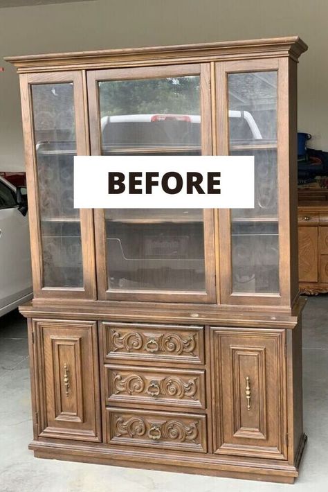 Upcycle Old Bookshelf, Painting Ornate Furniture, Ornate Furniture Makeover, Painted China Cabinet Ideas, China Cabinet Redo, China Cabinet Makeover, Bookcase Makeover, Diy Furniture Makeover Ideas, Hutch Makeover