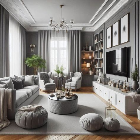 Grey Living Room Ideas Living Room Design Grey Floor, White And Gray House Interior Design, Modern Living Room Grey Walls, Home Interior Design Grey, Gray Interior Design Living Room, Living Room With Gray Walls, Colors That Compliment Grey, Grey Living Room Ideas Color Schemes, Grey Living Room Ideas