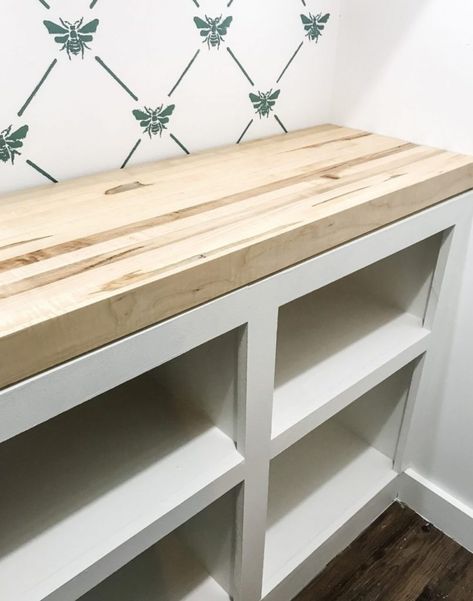 Pantry Base Cabinet Ideas, Butcher Block Countertops In Pantry, Pantry Design With Countertop, Diy Pantry With Countertop, Butcher Block Closet Shelves, Diy Pantry Shelves With Counter, Pantry Butcher Block Counter, Butcher Block In Pantry, Rustic Pantry Shelves