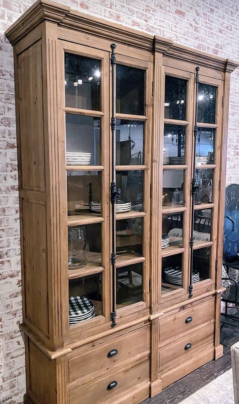 Tall Display Cabinet, Hutch Makeover, Dining Cabinet, Design Salon, Iron Handles, Natural Wood Finish, Mint Julep, Great Room, Black Iron