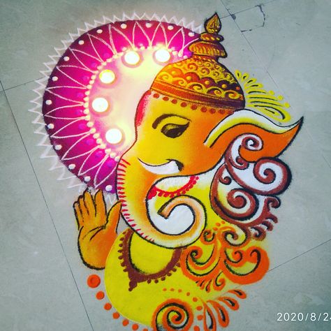 Ganesh Ji Rangoli Design, Rangoli Design Unique, Ganesha Rangoli Design, Ganapati Rangoli, Ganpati Rangoli, Ganesha Festival, Ganesh Rangoli, Ganesha Rangoli, Kinkade Disney