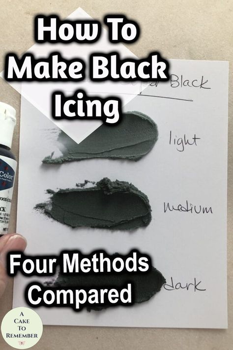 how to make black icing, four methods compared How To Make Black Buttercream Icing, Making Black Icing, How To Make Black Icing Food Coloring, Black Icing Recipe, Black Frosting That Wont Stain, How To Get Black Buttercream Icing, How To Make Black Food Coloring, Black Icing How To Make, How To Make Black Colour