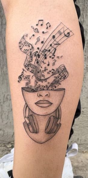 Music Rib Tattoo, Music Themed Sleeve Tattoo, Music Inspired Tattoos Sleeve, Musical Tattoo Designs, Musical Tattoos Men, Hand Music Tattoo, Music Head Tattoo, Tattoo Idea For Music Lover, Music Neck Tattoos Women