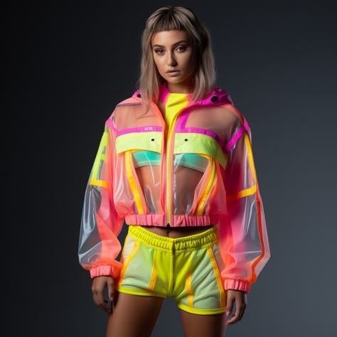 Neon co-ord set, concepted in Midjourney. Deep V Outfit, Neon Glow Outfit, Neon Hiphop Outfit, Electric Outfit, Futuristic Neon Fashion, Neon Punk Clothes, Neon Streetwear, Neon Avant Garde Fashion, Techno Outfit