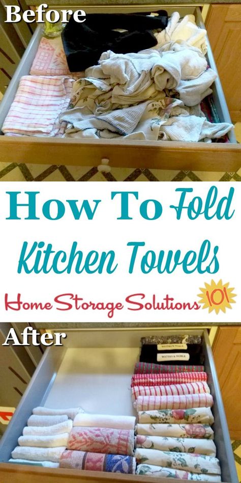 How to fold kitchen towels and dish cloths to make it easy to keep these items organized and neatly stored, either in a drawer or on your kitchen counter {on Home Storage Solutions 101} #KitchenOrganization #OrganizingTips #Organize Fold Kitchen Towels, Dish Towel Storage, Kitchen Towels Storage, Folding Towels, Towel Organization, How To Fold Towels, Organizing Hacks, Home Storage Solutions, Diy Kitchen Storage