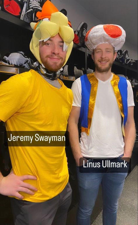 Swayman And Ullmark, Boston Bruins Funny, Jeremy Swayman, Mario Cosplay, Boys Hockey, Hockey Boards, Hockey Men, Funny Hockey, Hockey Memes