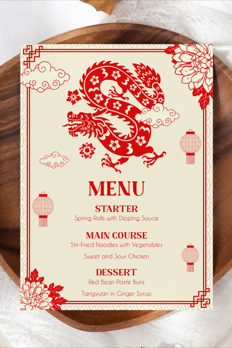 Elevate your Lunar New Year feast with our Chinese Menu Template. Featuring a symbolic dragon design for the Year of the Dragon in 2024, this printable template adds a touch of tradition to your Chinese-themed celebration. Create a captivating and festive menu with this stylish and customizable design. Instantly download for a quick and easy addition to your Lunar New Year festivities. Make your menu as memorable as the celebration itself! Traditional Chinese Design, Asian Restaurant Menu Design, Restaurant Menu Designs, China Themed Party, Chinese Menu Design Ideas, Chinese Takeaway Aesthetic, Chinese Design Poster, Japan Menu Design, China New Year Design