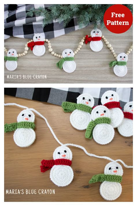 Free Crochet Pattern For Snowman, Crochet Snowman Garland Free Pattern, Snowman Garland Diy, Crochet Christmas Bell Ornaments Free Pattern, Gingerbread Crochet Garland, Crochet Ball Garland, Crochet Snowman Garland, Crochet Snowman Applique, Snowman Free Crochet Pattern