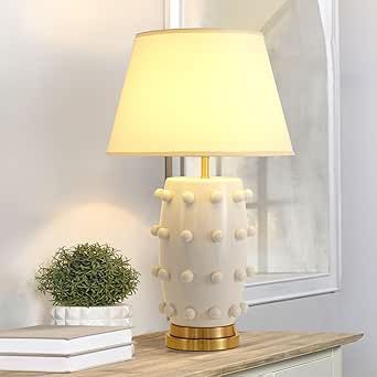 CKENSU Modern Ceramic Linden Table Lamp - 30" White Ball Farmhouse Design, Classic Nightstand Large Linden Lamp Tapered Drum Shade for Living Room, Bedroom, Office, and Home （White） Nightstand Large, Tan White Accent Lamp, White And Beige Lamp, Large White Table Lamp, Linden Table Lamp, Extra Large White Table Lamps, Classic Nightstand, Outside Lamps, White Gourd Table Lamp