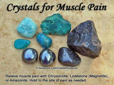 Crystals-muscle pain Crystal Tips, Crystal Uses, Crystal Therapy, Crystal Healing Stones, Crystal Magic, Crystal Meanings, Minerals And Gemstones, Rocks And Gems, Muscle Pain