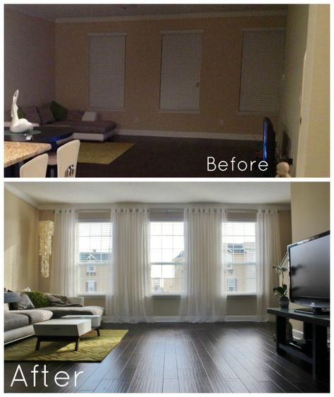 Bright Living room before and after-  It's amazing how hanging curtains high and wide on one continuous DIY curtain rod make such a big diff... Three Windows In A Row Bedroom, Hang Curtain From Ceiling Diy, Curtains Vs No Curtains, How To Hang Curtains To Make Room Bigger, Room Separator Ideas Hang Curtains, Three Windows In A Row, How Far From Ceiling To Hang Curtains, How Far To Hang Curtains From Window, Curtain Rod Ideas