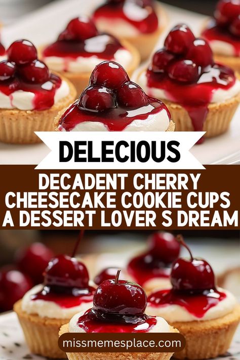 Indulge in Decadent Cherry Cheesecake Cookie Cups that will leave dessert lovers dreaming for more! This scrumptious recipe merges the classic flavors of cheesecake with a delicious cookie base, creating the ultimate bite-sized dessert. Easy to prepare and perfect for sharing, these cookie cups feature a velvety cheesecake filling topped with juicy cherries that add a burst of flavor. Elevate your dessert game at gatherings or simply satisfy your sweet tooth with these irresistible treats Cherry Cheesecake Cookie Cups, Premade Cheesecake Filling Recipes, Cherry Cheesecake Cookies, Easy Cherry Cheesecake, Cheesecake Cookie Cups, Cherry Cheesecake Recipe, Mini Cheesecake Bites, Cheesecake Cookie, Individual Cheesecakes