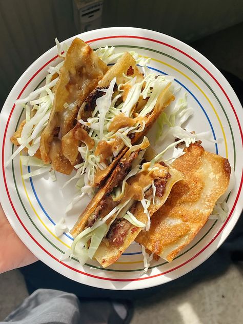 Smashed Pork Dumpling Tacos - Darn Good by Devan Grimsrud Smashed Pork Dumplings, Smashed Dumpling Tacos, Smash Dumplings, Dumpling Tacos, Pork Dumpling, Dumpling Wrappers, Wonton Wrappers, Smash Burger, Tasty Bites