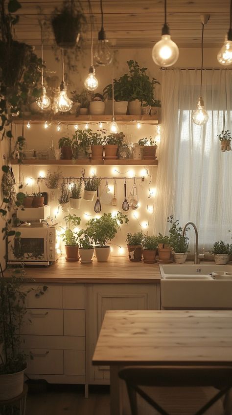 Cozy cottagecore kitchen with pastel colors, fairy lights, plants, and warm lighting, creating a winter night atmosphere.