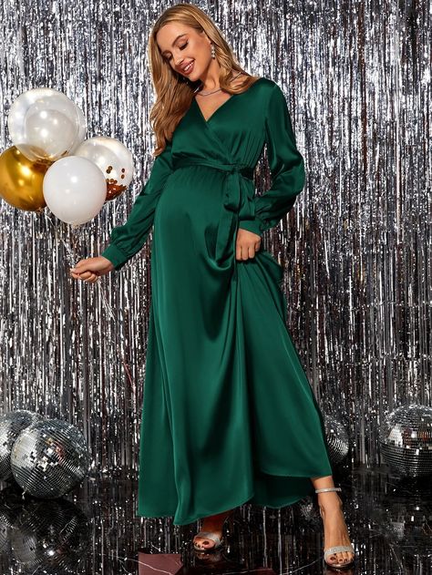 SHEIN Maternity Surplice Neck Belted Dress | SHEIN USA Emerald Green Maternity Dress, Green Maternity Dresses, Cute Maternity Dresses, Shein Maternity, Baby Shower Dresses, Shein Dress, Dresses Xxl, Maternity Dress, Trendy Dresses