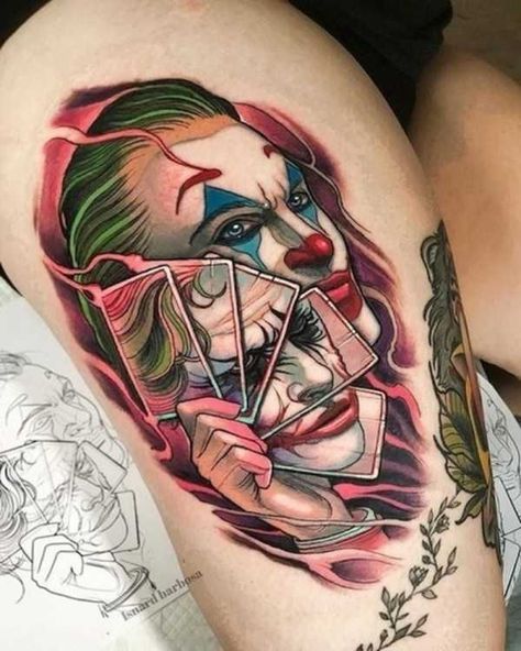 36 Amazing Tattoos | KLYKER.COM Tato Joker, Joker Face Tattoo, Joker Card Tattoo, Playing Card Tattoos, Joker Tattoo Design, Card Tattoo Designs, Comic Tattoo, Saved Tattoo, Graffiti Tattoo