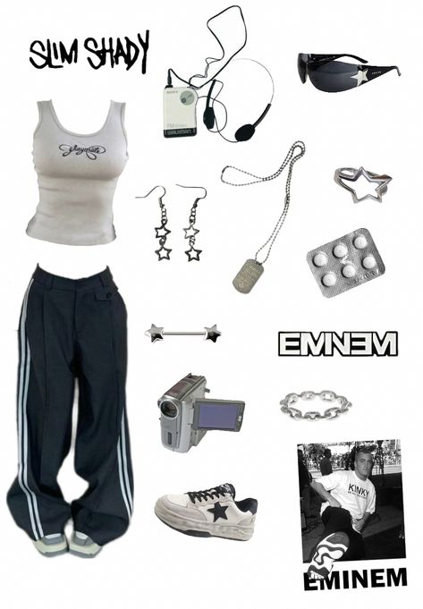 Rapper Inspired Outfit, Eminem Inspo Outfit, Hip Hop Y2k Outfits, Eminem Outfits Ideas, Eminem Clothing Style, Slim Shady Outfit, Eminem Aesthetic Outfit, Eminem Outfits Girl, Rapper Style Outfits