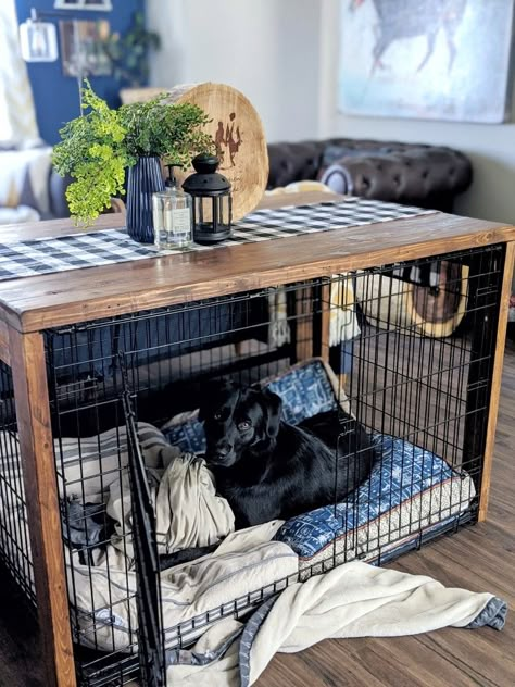 Dog Kennel Ideas Indoor Apartment, 42 Inch Dog Crate Table, Dog Cage In Living Room, Two Dog Kennel Furniture, Build Table Over Dog Crate, Dog Set Up In Small Apartment, Dog Areas In House Small Living Room, Apartment With Dog Ideas, Dog Kennel Table Diy