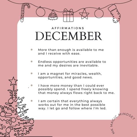 Here are some affirmations to create more abundance as we enter a month filled with magic. Let me know which one is your favorite! December Intentions, December Affirmations, December Manifestation, 2025 Affirmations, Monthly Affirmations, Monthly Reminders, New Month Quotes, Month Quotes, Tarot Tips