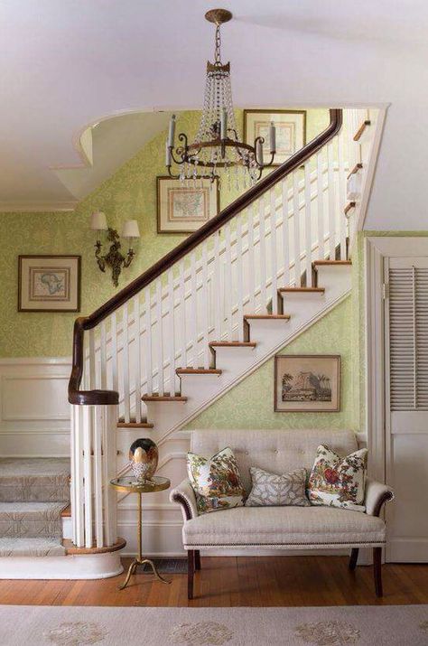 Traditional Foyer, White French Doors, Boston Interior Design, Carpet Diy, Foyer Furniture, White Staircase, Green Interior Design, Storage Inspiration, Wood Staircase