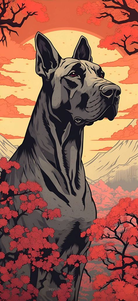 A Ukiyo-E style depiction of a Great Dane standing amongst red flowers with a sun and orange sky in the background, ideal for an aesthetic phone wallpaper. Orange Sky Painting, Unique Wallpapers, Aesthetic Wallpaper Iphone, Radiant Red, Wallpaper Android, Orange Sky, Sky Painting, Ukiyo E, Japanese Woodblock Printing